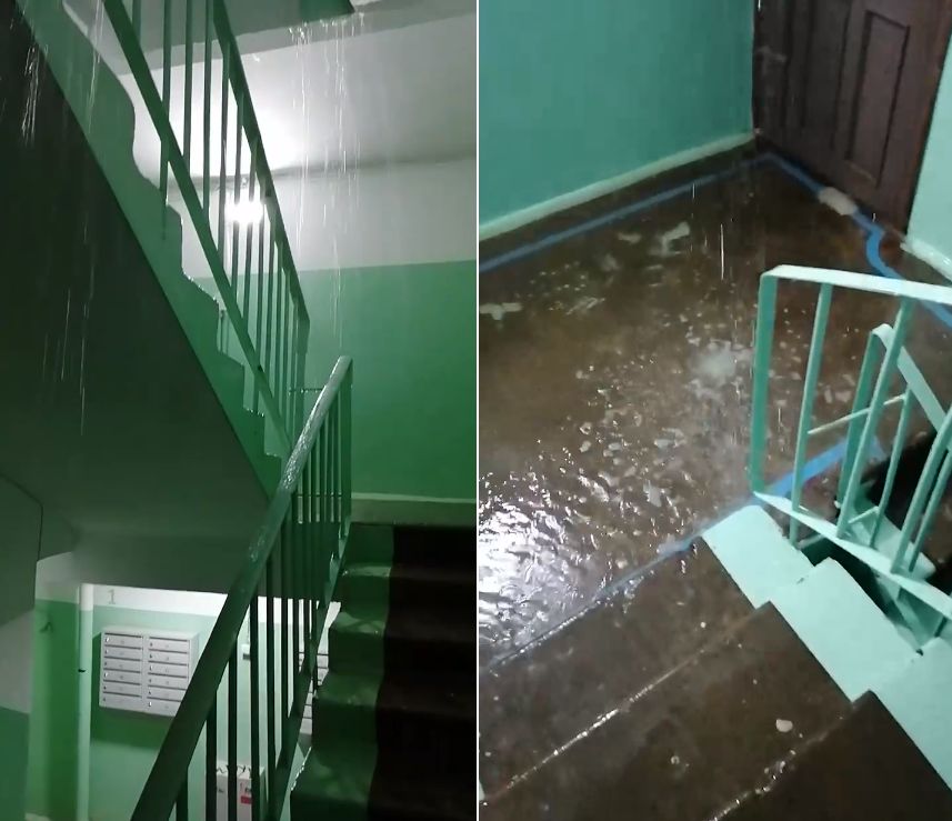 Подъезд костромского дома превратился в аквапарк с дождевой водой
